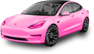 Tesla Model 3 fully wrapped in vibrant pink with a black roof and dark alloy wheels, showcasing a bold and customized appearance.