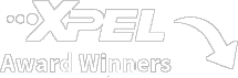 White XPEL logo with the text "Award Winners" and a downward-pointing arrow on a black background, indicating recognition or accolade from the XPEL brand.